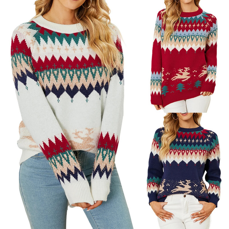 Pleteni gornji pulover širokog kroja, heklani puloveri s otisnutim smeđim uzorkom, božićni stil, ležerna dnevna odjeća s okruglim izrezom