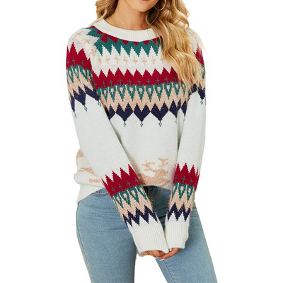 Ženski pleteni pulover širokog kroja Pleteni gornji pulover s žutosmeđim uzorkom dugih rukava Božićna odjeća s okruglim izrezom za odmor