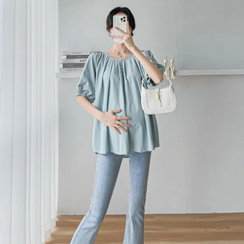 CARECODE Летни горнища за бременни Ризи Дрехи за бременни жени Ежедневни свободни блуза за бременни с кръгло деколте и къс ръкав