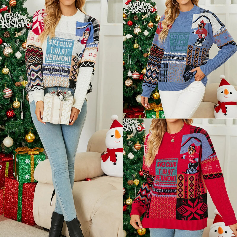 Ženski pleteni pulover u božićnom stilu 2023. Korejski modni ležerni skijaški medvjeđi uzorak Pleteni gornji dio Y2k Svestrana gornja odjeća