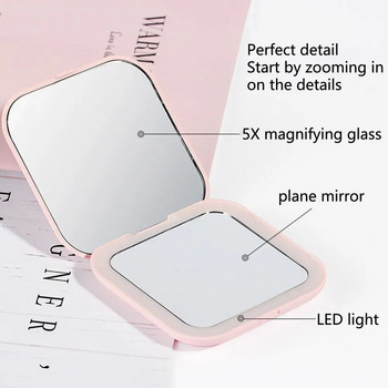 1 Σετ Μακιγιάζ Φορητός Καθρέφτης Μαλακό Φωτιστικό LED με μεγέθυνση 5 φορές Καλλυντικό Καθρέφτη Τσέπης Γυναικεία Αξεσουάρ