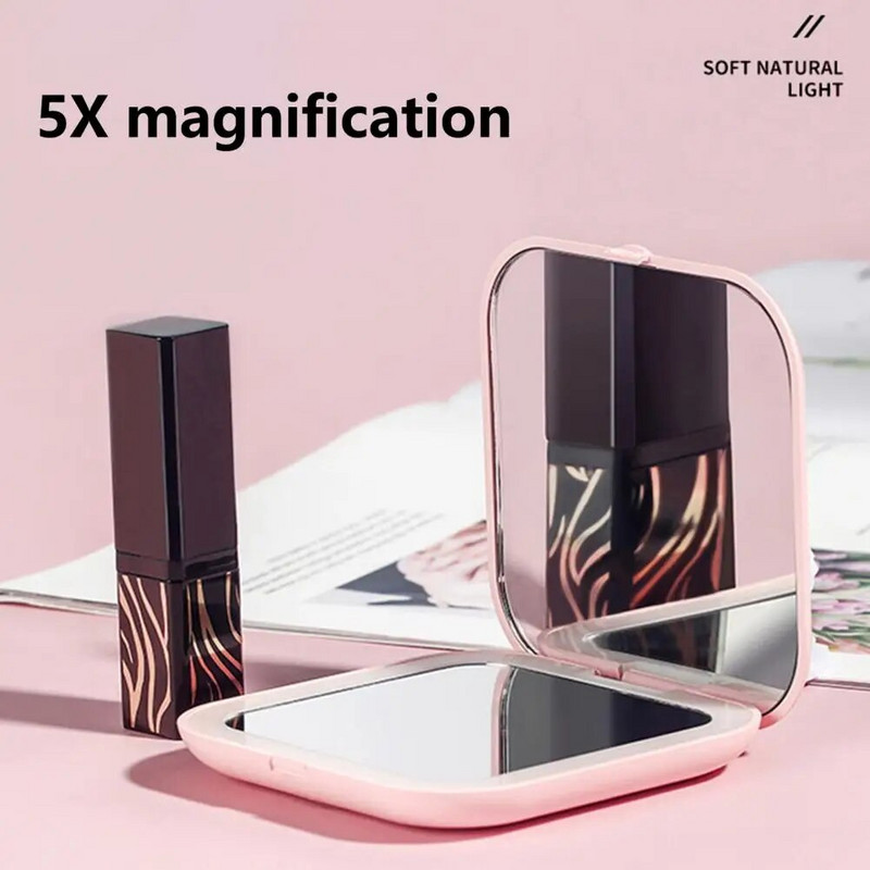 1 szett sminktükör hordozható lágy fény, 5-szörös nagyítású LED zsebes kozmetikai tükör női kiegészítők