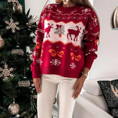 Preveliki pulover Ženski heklani puloveri Top dugih rukava Elk Jacquard Rebrasto pletivo Labav kroj Dnevno odijelo u božićnom stilu