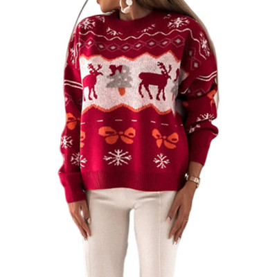 Preveliki pulover Ženski heklani puloveri Top dugih rukava Elk Jacquard Rebrasto pletivo Labav kroj Dnevno odijelo u božićnom stilu