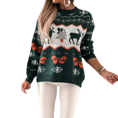 Preveliki pulover Ženski heklani puloveri Top dugih rukava Elk Jacquard Rebrasto pletivo Labav kroj Dnevno odijelo u božićnom stilu