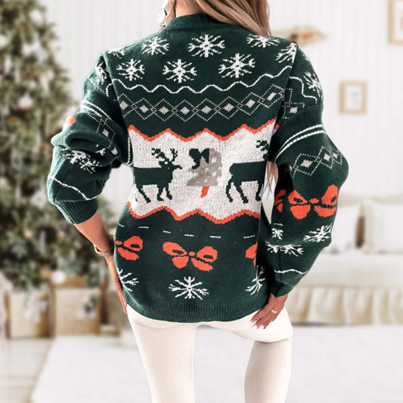 Preveliki pulover Ženski heklani puloveri Top dugih rukava Elk Jacquard Rebrasto pletivo Labav kroj Dnevno odijelo u božićnom stilu