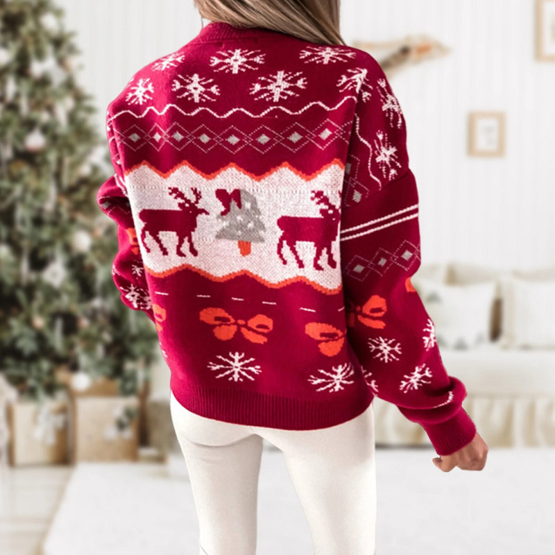Preveliki pulover Ženski heklani puloveri Top dugih rukava Elk Jacquard Rebrasto pletivo Labav kroj Dnevno odijelo u božićnom stilu