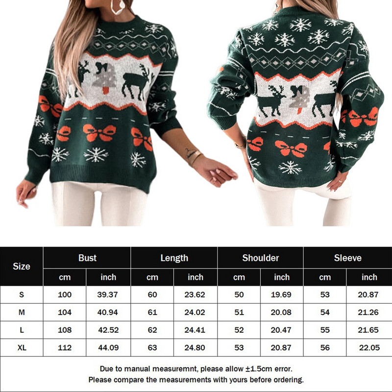 Preveliki pulover Ženski heklani puloveri Top dugih rukava Elk Jacquard Rebrasto pletivo Labav kroj Dnevno odijelo u božićnom stilu
