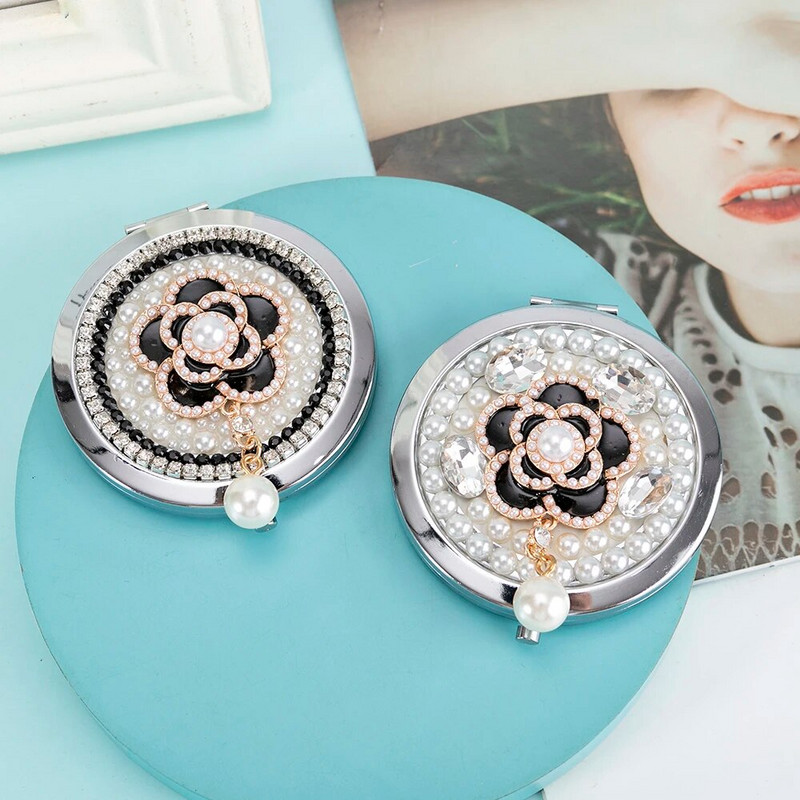 Mini džepno kozmetičko ogledalo za šminkanje, dar za žene, biserna kićanka od kristalnog cvijeta kamelije, sklopivo povećalo za šminkanje,