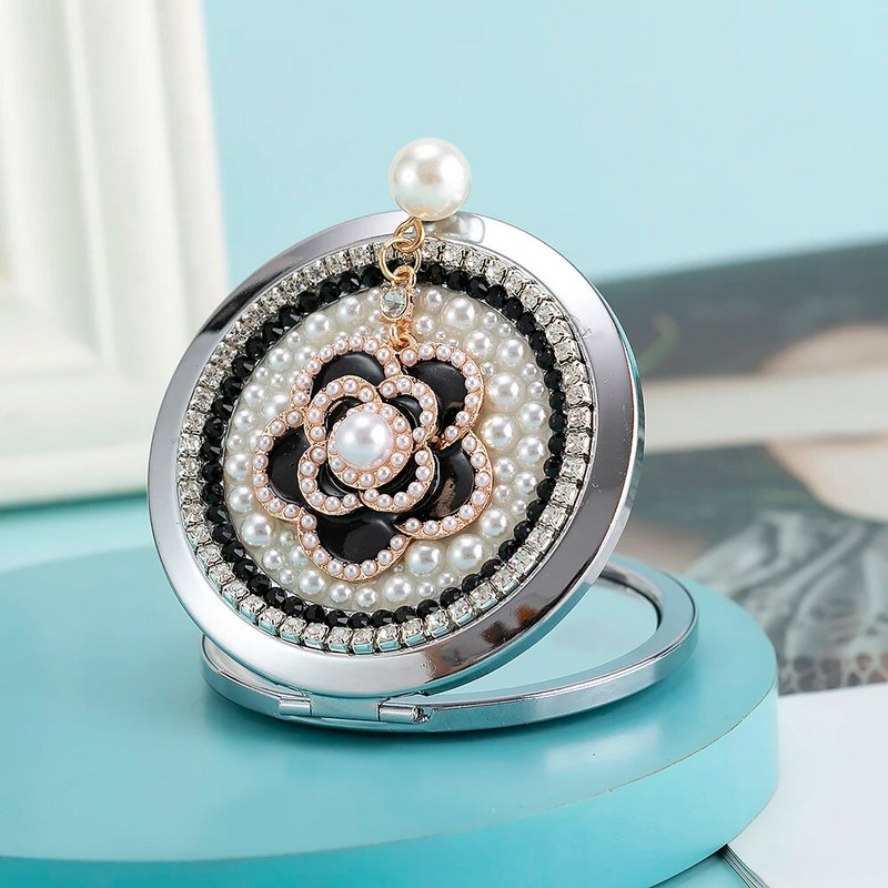 Mini džepno kozmetičko ogledalo za šminkanje, dar za žene, biserna kićanka od kristalnog cvijeta kamelije, sklopivo povećalo za šminkanje,