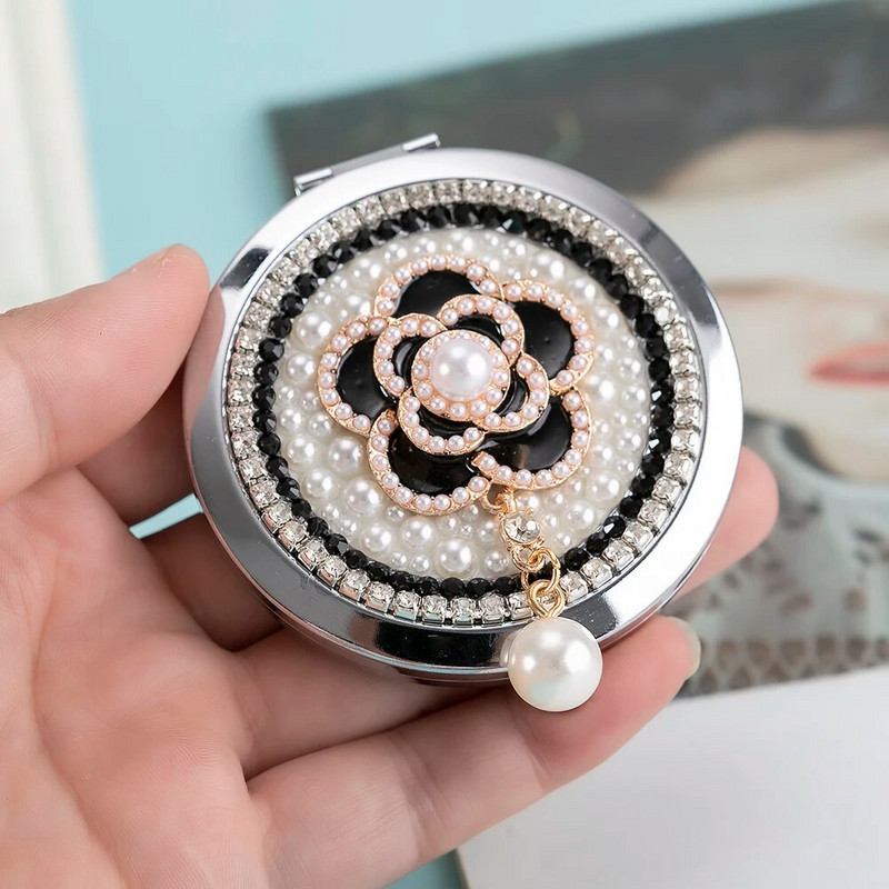 Mini džepno kozmetičko ogledalo za šminkanje, dar za žene, biserna kićanka od kristalnog cvijeta kamelije, sklopivo povećalo za šminkanje,