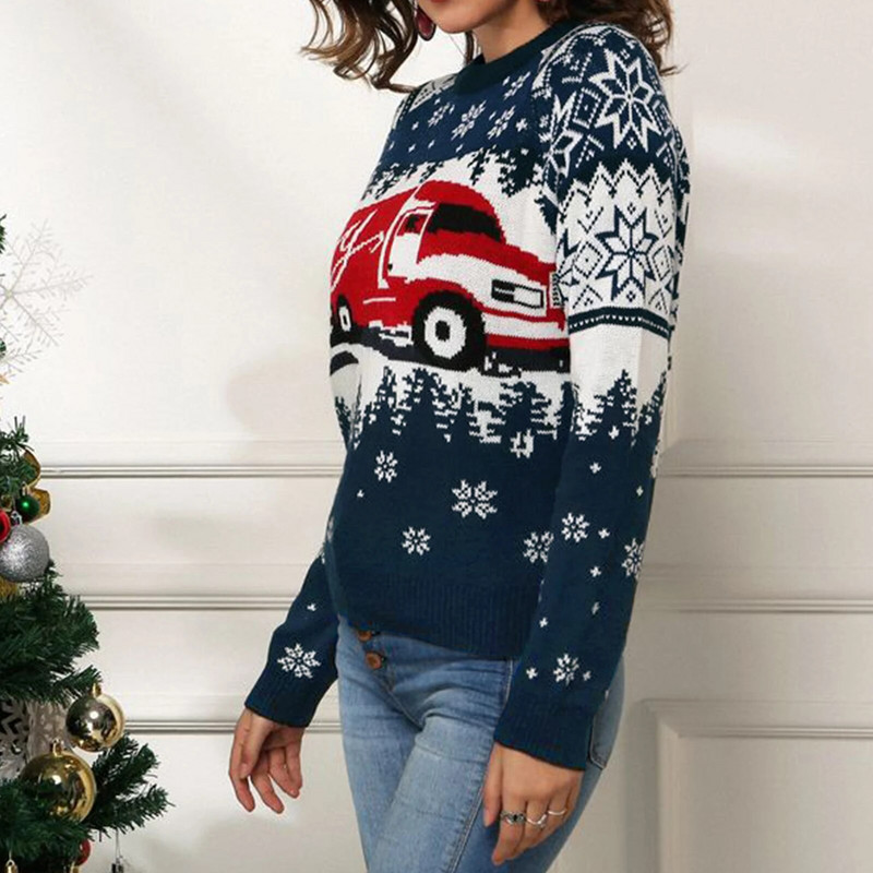 Sieviešu trikotāžas džemperis brīvi pieguļošs Snowflake Truck raksts trikotāžas augšējais džemperis ar garām piedurknēm ar apkakli Ziemassvētku stila ikdienas apģērbs