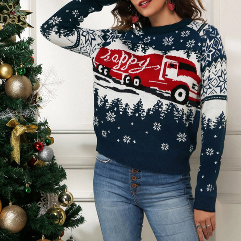 Sieviešu trikotāžas džemperis brīvi pieguļošs Snowflake Truck raksts trikotāžas augšējais džemperis ar garām piedurknēm ar apkakli Ziemassvētku stila ikdienas apģērbs