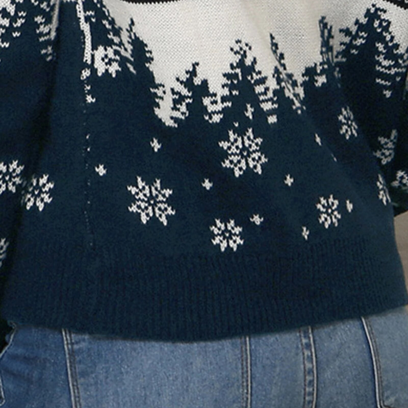 Sieviešu trikotāžas džemperis brīvi pieguļošs Snowflake Truck raksts trikotāžas augšējais džemperis ar garām piedurknēm ar apkakli Ziemassvētku stila ikdienas apģērbs