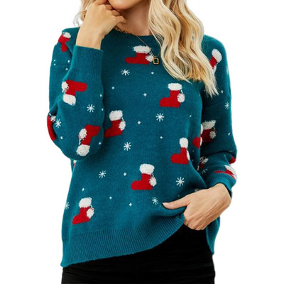 Sieviešu trikotāžas džemperis ar garām piedurknēm Ziemassvētku cepures raksts karikatūra Trikotāžas džemperis Crew Neck Festivāla stils brīvdienu apģērbs