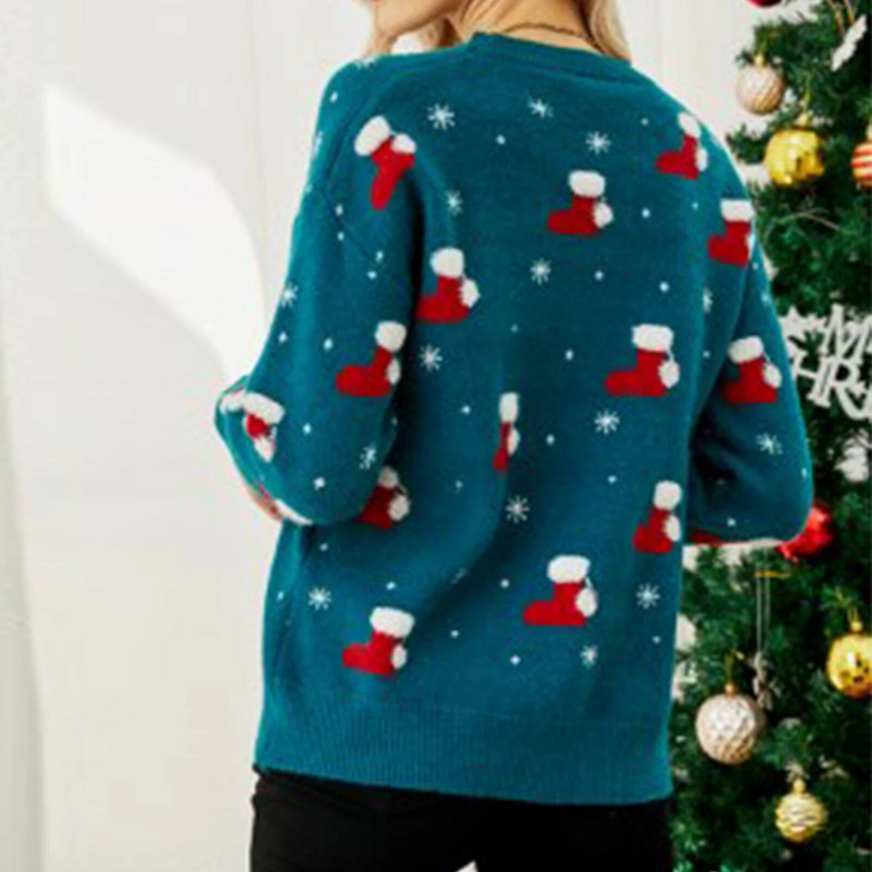 Sieviešu trikotāžas džemperis ar garām piedurknēm Ziemassvētku cepures raksts karikatūra Trikotāžas džemperis Crew Neck Festivāla stils brīvdienu apģērbs