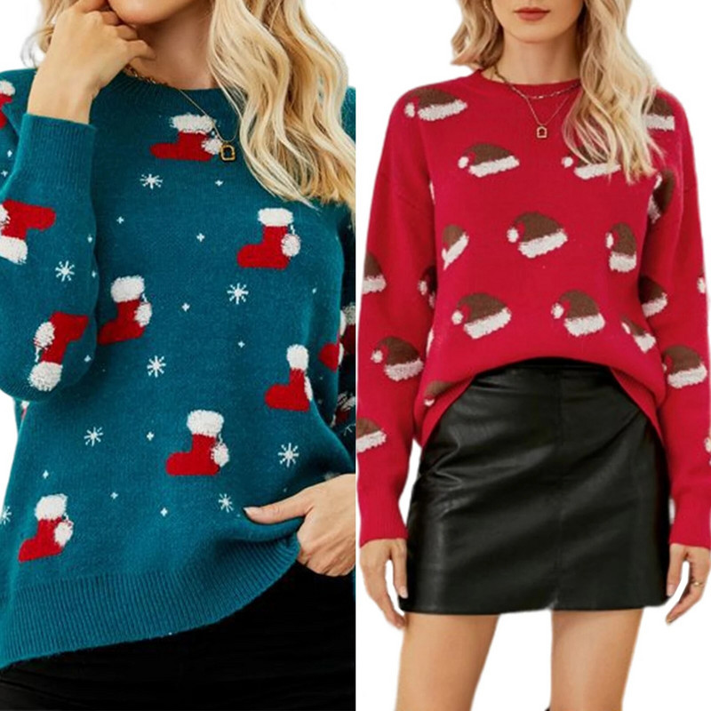 Sieviešu trikotāžas džemperis ar garām piedurknēm Ziemassvētku cepures raksts karikatūra Trikotāžas džemperis Crew Neck Festivāla stils brīvdienu apģērbs