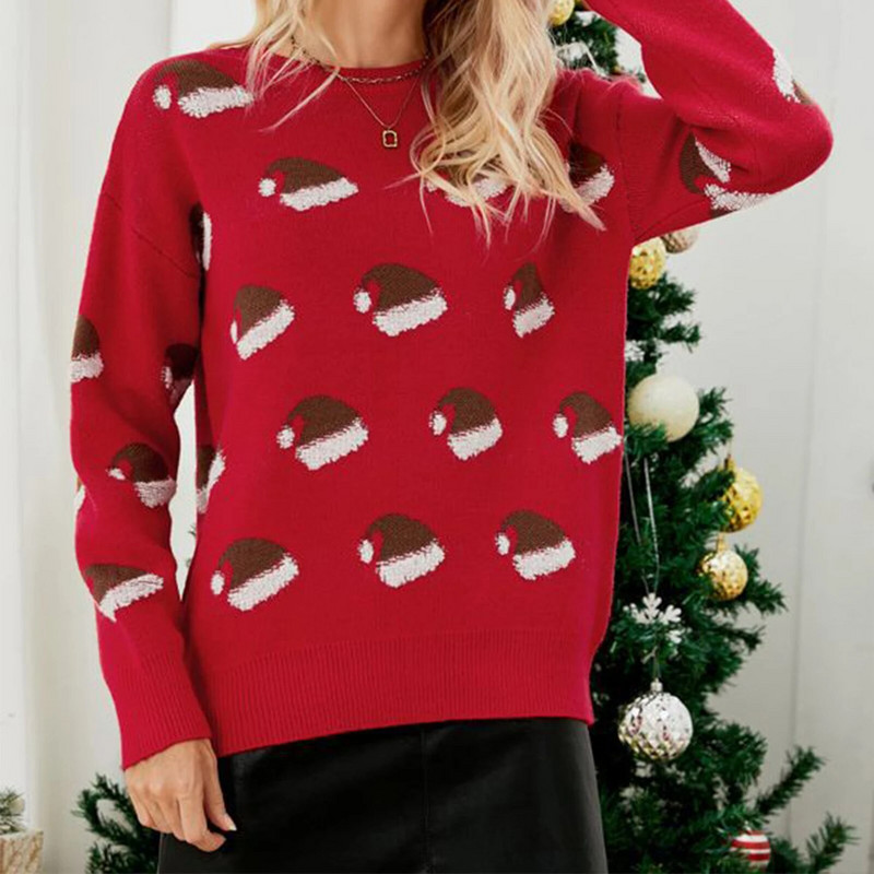 Sieviešu trikotāžas džemperis ar garām piedurknēm Ziemassvētku cepures raksts karikatūra Trikotāžas džemperis Crew Neck Festivāla stils brīvdienu apģērbs