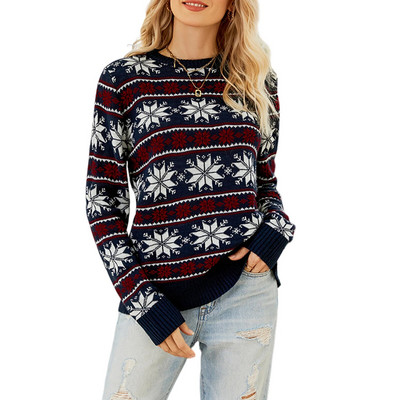 Ženski pulover s prugastim printom snježnih pahuljica Ženski džemper za blagdansku zabavu, svečani modni, jednostavni elastični džemper dugih rukava