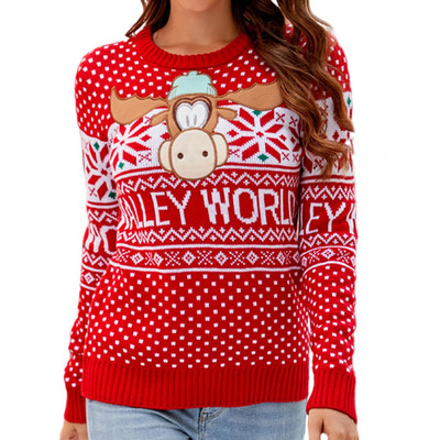 Ženski heklani puloveri, gornji dio dugih rukava, preveliki pulover s crtanim uzorkom, široki kroj, božićno odijelo s okruglim izrezom za odmor