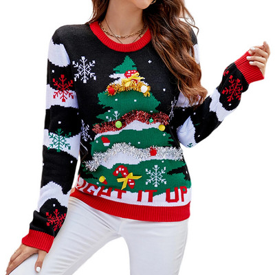 Ženski heklani puloveri, gornji dio dugih rukava, preveliki pulover s crtanim uzorkom, široki kroj, božićno odijelo s okruglim izrezom za odmor