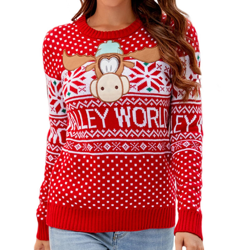 Ženski heklani puloveri, gornji dio dugih rukava, preveliki pulover s crtanim uzorkom, široki kroj, božićno odijelo s okruglim izrezom za odmor
