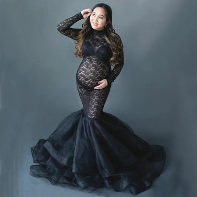 Fekete csipke kismama ruha fotózáshoz terhes nőknek, hosszú ujjú, összefűzhető garbós fotózás ruhák Terhességi ruha