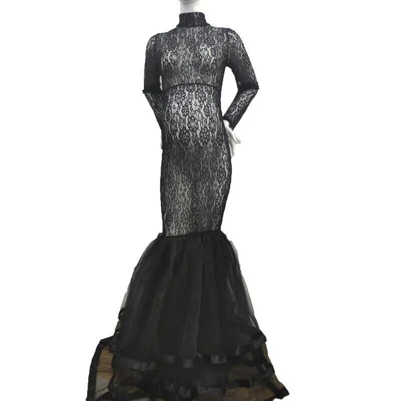 Fekete csipke kismama ruha fotózáshoz terhes nőknek, hosszú ujjú, összefűzhető garbós fotózás ruhák Terhességi ruha