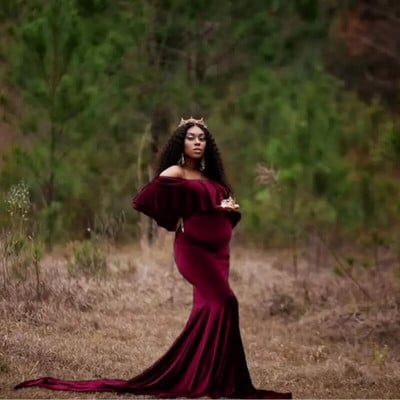 Nėščiųjų žieminės suknelės Kūdikių dušai ilgomis rankovėmis nėščioms moterims Auksinė aksominė maxi suknelė Seksuali nėštumo fotosesijos rekvizitai Drabužiai