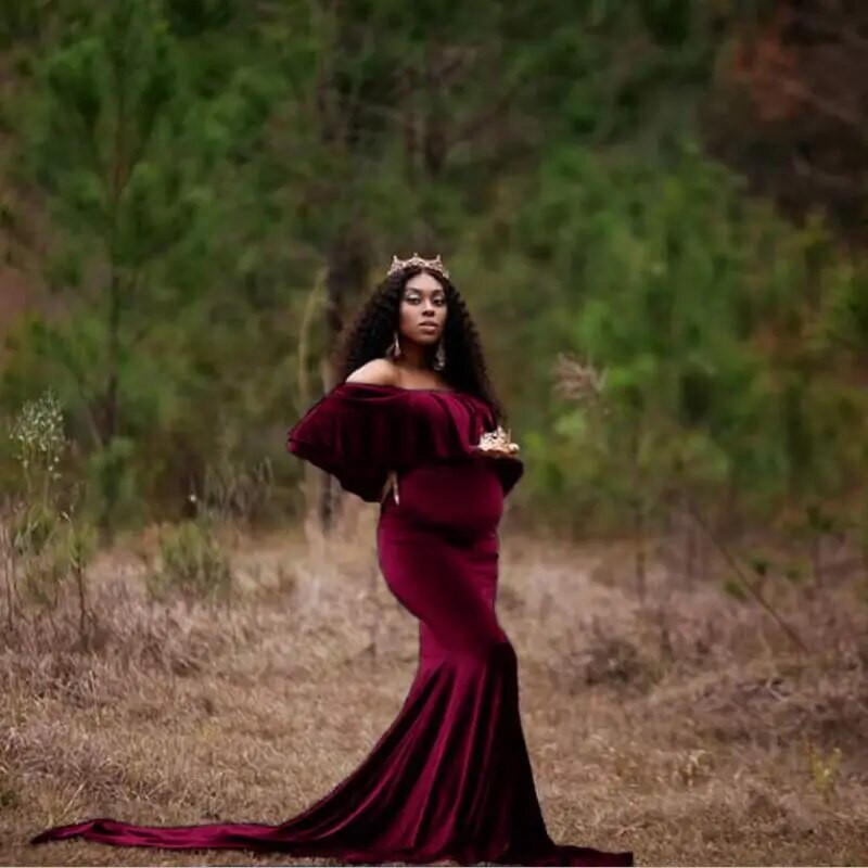 Nėščiųjų žieminės suknelės Kūdikių dušai ilgomis rankovėmis nėščioms moterims Auksinė aksominė maxi suknelė Seksuali nėštumo fotosesijos rekvizitai Drabužiai