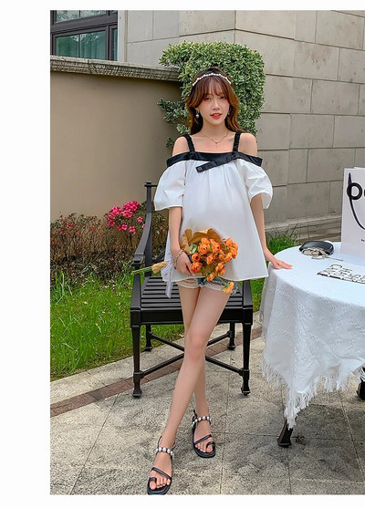 Korejiešu stila krekli grūtniecēm bez pleciem liela izmēra grūtnieču blūzes brīvas modes grūtnieču drēbes, top t-īši zaļi balti