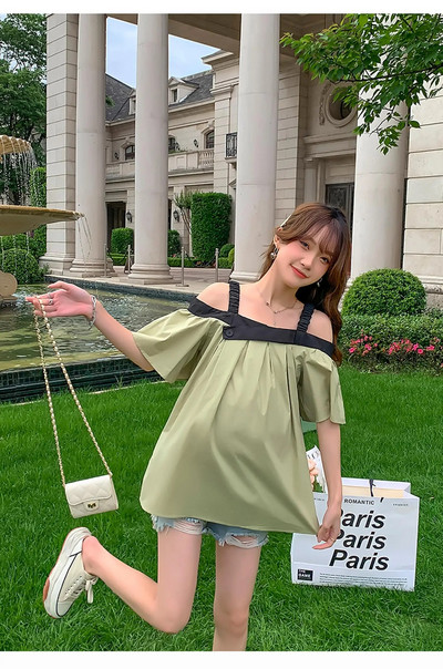 Korejiešu stila krekli grūtniecēm bez pleciem liela izmēra grūtnieču blūzes brīvas modes grūtnieču drēbes, top t-īši zaļi balti