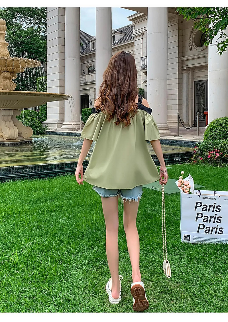 Korejiešu stila krekli grūtniecēm bez pleciem liela izmēra grūtnieču blūzes brīvas modes grūtnieču drēbes, top t-īši zaļi balti