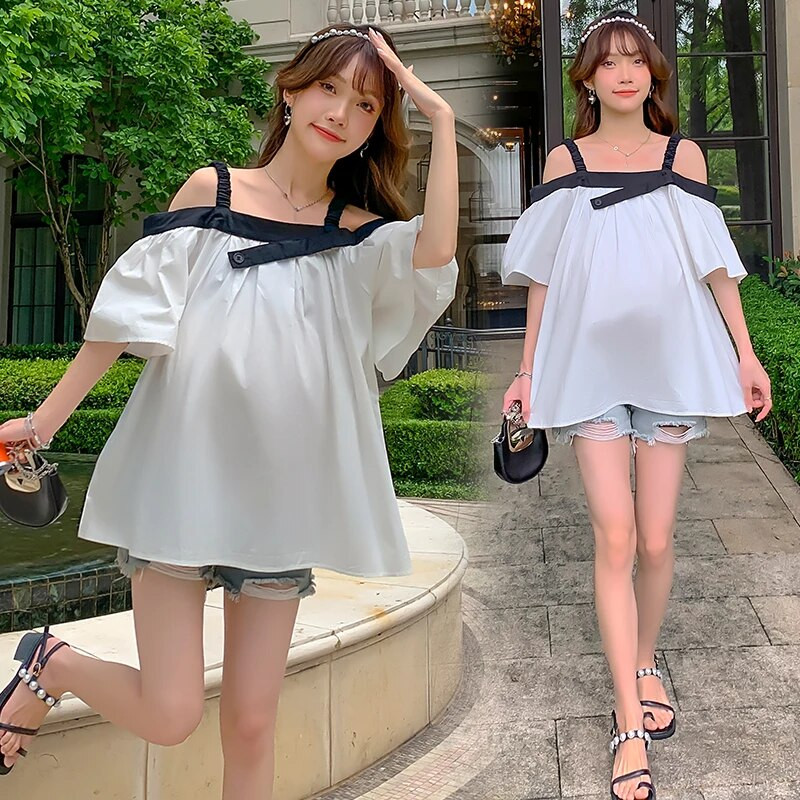 Korejiešu stila krekli grūtniecēm bez pleciem liela izmēra grūtnieču blūzes brīvas modes grūtnieču drēbes, top t-īši zaļi balti