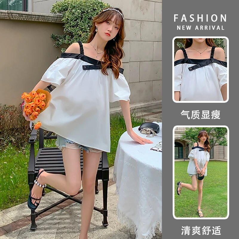 Korejiešu stila krekli grūtniecēm bez pleciem liela izmēra grūtnieču blūzes brīvas modes grūtnieču drēbes, top t-īši zaļi balti