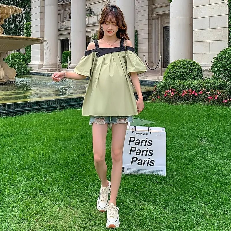 Korejiešu stila krekli grūtniecēm bez pleciem liela izmēra grūtnieču blūzes brīvas modes grūtnieču drēbes, top t-īši zaļi balti