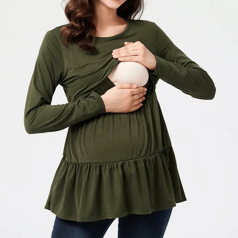 Nėščioms žindymo palaidinė Nėščioms moterims ilgomis rankovėmis marškinėliai su aukštu pakopomis, kasdieniai nėštumui skirti vienspalviai marškinėliai marškinėliai