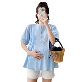 Zili balti sieviešu krekli grūtniecēm ar īsām piedurknēm V veida kakla izgriezumu, brīvi modes grūtnieču blūzes ar kroku augstu vidukli Grūtniecības topu krekls