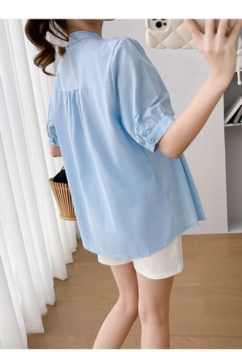 Μπλε Λευκό πουκάμισο για έγκυες γυναίκες με κοντό μανίκι V-λαιμόκοψη Φαρδιά μόδα μπλούζες εγκυμοσύνης Πλισέ ψηλόμεσο μπλουζάκι εγκυμοσύνης