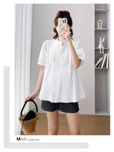 Zili balti sieviešu krekli grūtniecēm ar īsām piedurknēm V veida kakla izgriezumu, brīvi modes grūtnieču blūzes ar kroku augstu vidukli Grūtniecības topu krekls