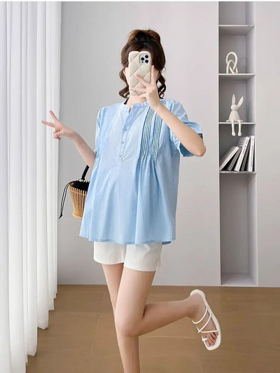 Zili balti sieviešu krekli grūtniecēm ar īsām piedurknēm V veida kakla izgriezumu, brīvi modes grūtnieču blūzes ar kroku augstu vidukli Grūtniecības topu krekls