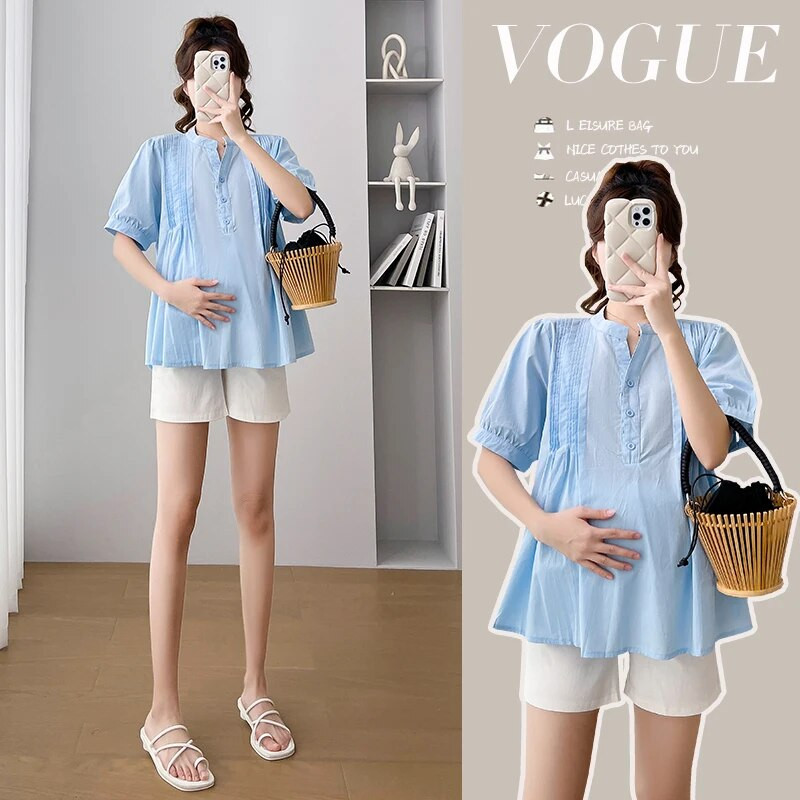 Zili balti sieviešu krekli grūtniecēm ar īsām piedurknēm V veida kakla izgriezumu, brīvi modes grūtnieču blūzes ar kroku augstu vidukli Grūtniecības topu krekls