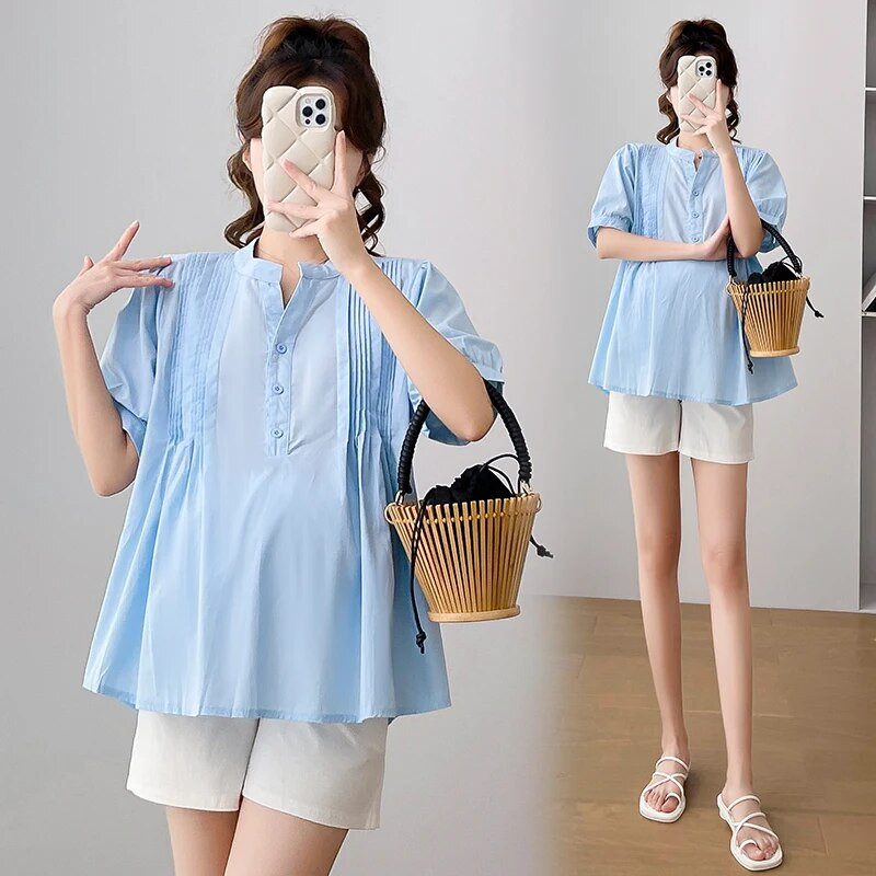 Zili balti sieviešu krekli grūtniecēm ar īsām piedurknēm V veida kakla izgriezumu, brīvi modes grūtnieču blūzes ar kroku augstu vidukli Grūtniecības topu krekls