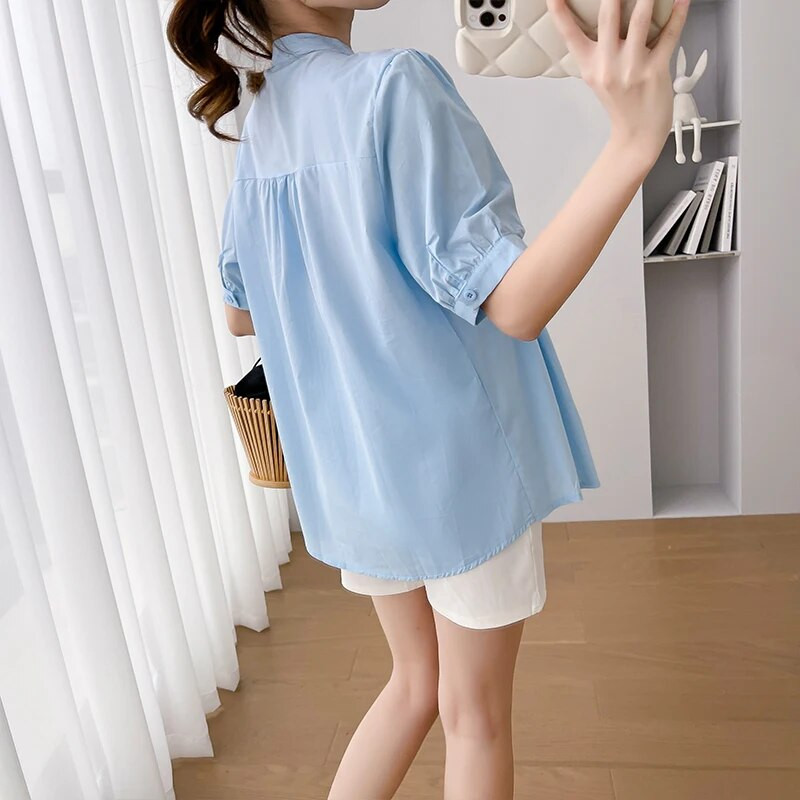 Zili balti sieviešu krekli grūtniecēm ar īsām piedurknēm V veida kakla izgriezumu, brīvi modes grūtnieču blūzes ar kroku augstu vidukli Grūtniecības topu krekls