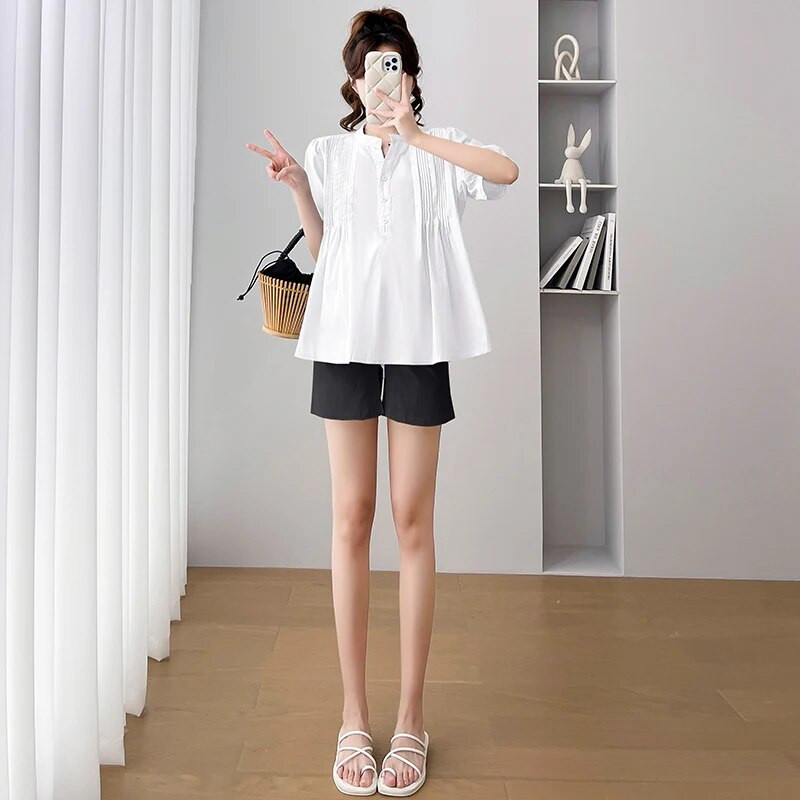 Zili balti sieviešu krekli grūtniecēm ar īsām piedurknēm V veida kakla izgriezumu, brīvi modes grūtnieču blūzes ar kroku augstu vidukli Grūtniecības topu krekls