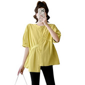 2023. Nove modne široke trudničke majice s puf rukavima i O-izrezom s nepravilnim gumbima na letjelice Bluze za trudnice Odjeća za trudnice Žuta