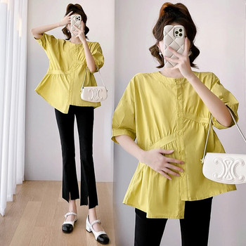 2023 New Fashion Loose πουκάμισα εγκυμοσύνης Puff μανίκι O-neck ακανόνιστο κουμπί Fly Μπλούζες έγκυος γυναίκα Ρούχα εγκυμοσύνης κίτρινο