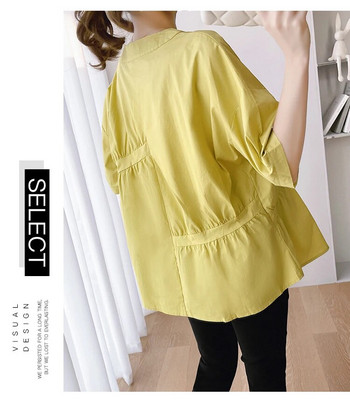 2023 Нова мода Свободни ризи за бременни с буф ръкав О-образно деколте Неправилно копче Блузи за бременни жени Бременни дрехи Жълто