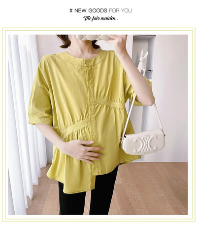 2023. Nove modne široke trudničke majice s puf rukavima i O-izrezom s nepravilnim gumbima na letjelice Bluze za trudnice Odjeća za trudnice Žuta