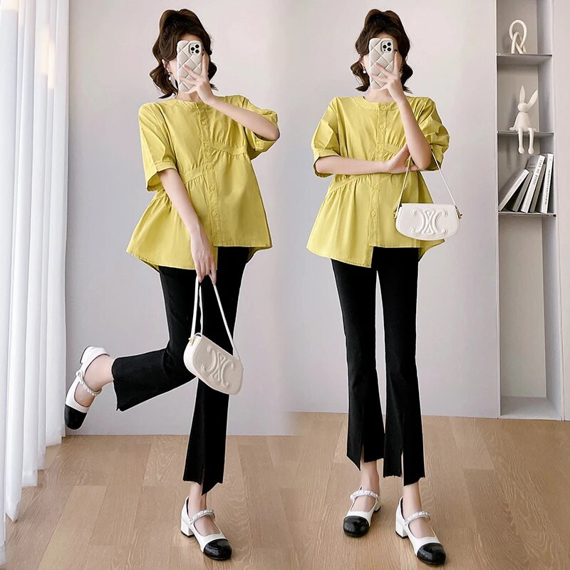 2023. Nove modne široke trudničke majice s puf rukavima i O-izrezom s nepravilnim gumbima na letjelice Bluze za trudnice Odjeća za trudnice Žuta